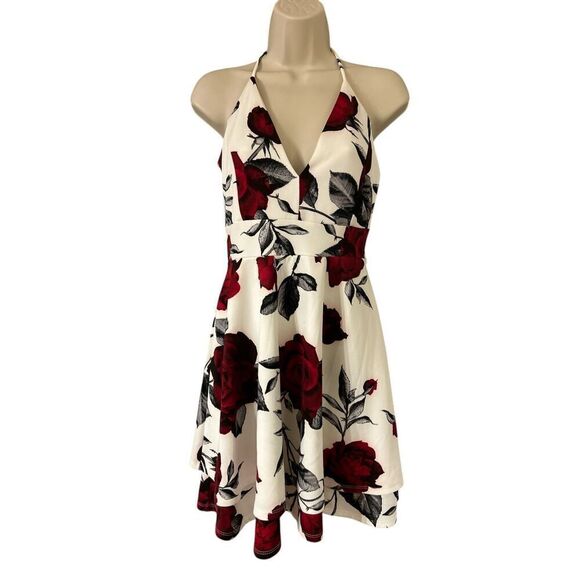 Rose Floral Iris Dress Size Large Red White Sleeveless Back Cut Out Deep V Neck - Picture 1 of 9